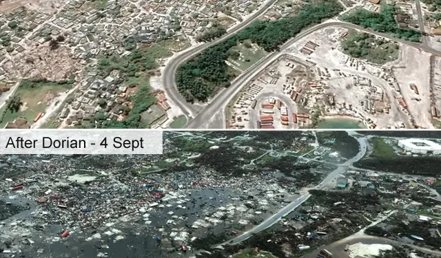 A before and after image showing destruction in the Marsh Harbour