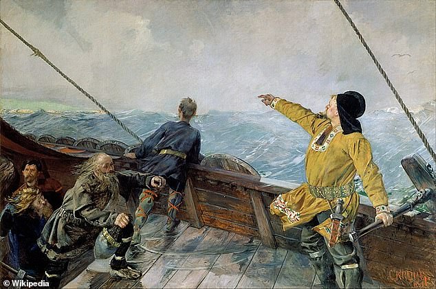 Pictured, a 19th century depiction of Leif Erikson discovering North America. The Norseman, however, never actually set foot in what is now the US - or so it's been believed