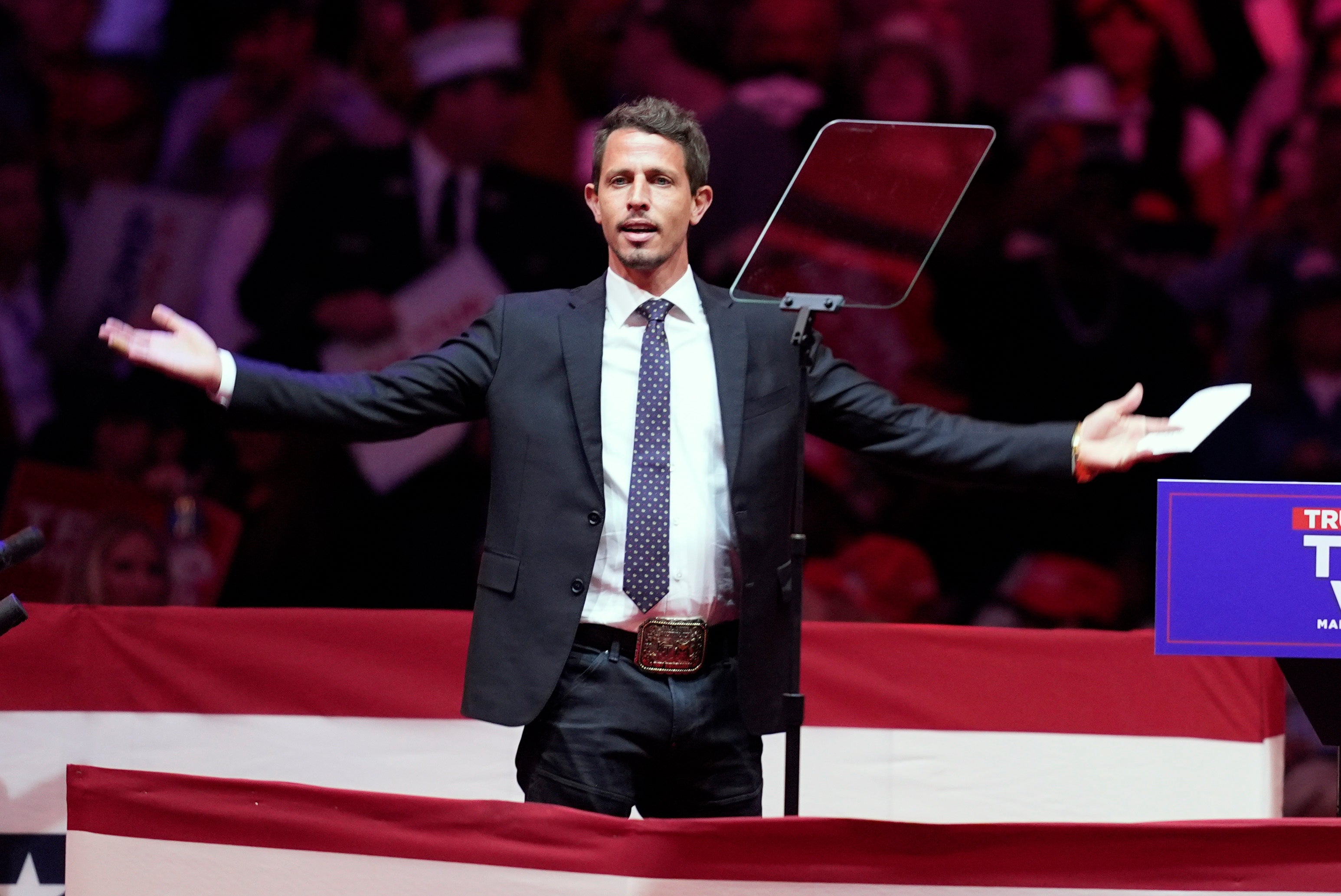 Tony Hinchcliffe arrives to speak before Republican presidential nominee former President Donald Trump during a campaign event in New York