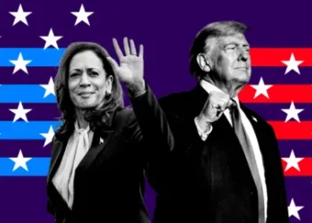 BBC A digitally created collage featuring Kamala Harris and Donald Trump. Kamala Harris is on the left, wearing a suit with a white blouse and waving her hand. Donald Trump is on the right, wearing a suit with a white shirt and a tie, and he is making a fist gesture.