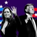 BBC A digitally created collage featuring Kamala Harris and Donald Trump. Kamala Harris is on the left, wearing a suit with a white blouse and waving her hand. Donald Trump is on the right, wearing a suit with a white shirt and a tie, and he is making a fist gesture.