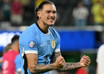 Uruguay’s Darwin Núñez celebrates victory over Brazil in the Copa America 2024.