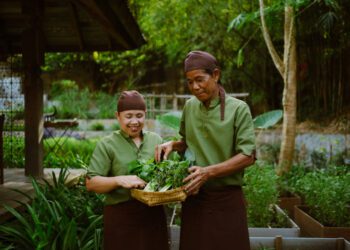 two thai workers look at fresh vegetables locally sourced for a hotel restaurant in Phuket Thailand source rosewood