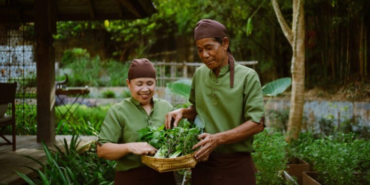 two thai workers look at fresh vegetables locally sourced for a hotel restaurant in Phuket Thailand source rosewood
