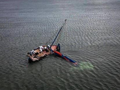 A raft used by Haitian migrants to travel to the US lies on a sandbar in the Florida Keys in January 2023.