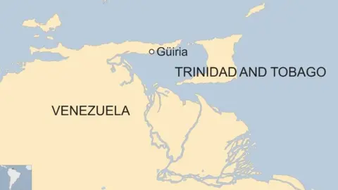 A map showing Venezuela, Guiria and Trinidad and Tobago