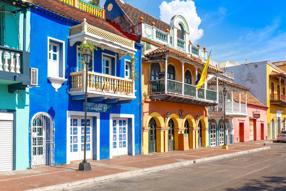 Cartagena, Colombia  Scenic colorful streets of Cartagena in historic Getsemani district near Walled City (Ciudad Amurallada)