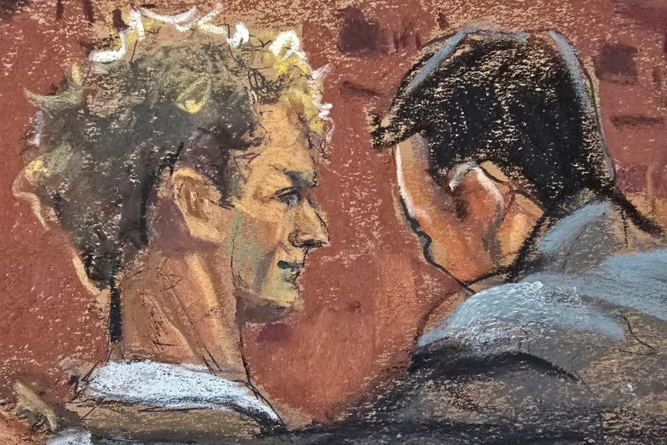 Defendant and former U.S. Marine Daniel Penny reacts with his attorney as he was found not guilty of criminally negligent homicide in the chokehold death of Jordan Neely on a subway train, in New York City, U.S., December 9, 2024 in this courtroom sketch. REUTERS/Jane Rosenberg