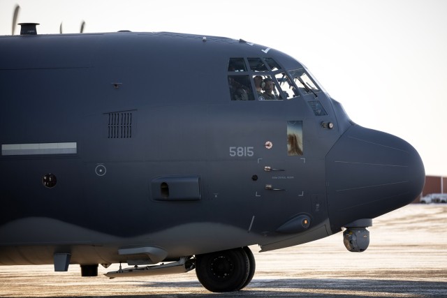 Alaska Air National Guard HC-130J Combat King II pilots from the 211th Rescue Squadron park their aircraft on the Bethel Airport flightline during an engine-running offload in support of an Innovative Readiness Training mission at Bethel, Alaska,...