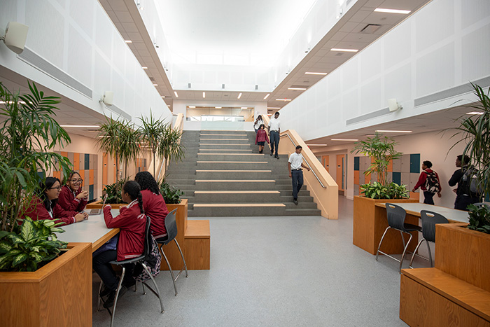 Informal collaboration break-out stairs can be found within the teaching wings