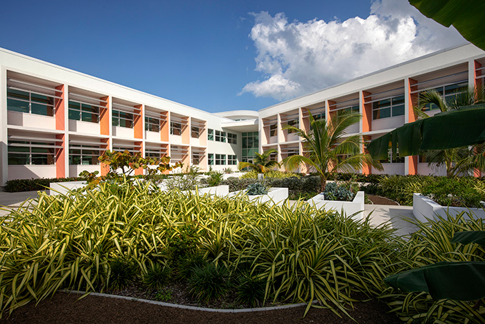 The extensive landscaping includes indigenous planting