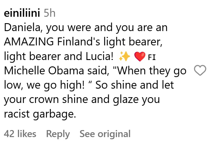 Instagram comment on a post by Finland's first Brown St. Lucia. It reads, '