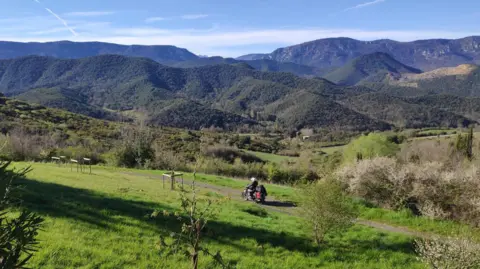 Sean Drysdale A man on a motorbike rides along a narrow road with trees and grass close to him and a mountain range behind him and blue skies above  