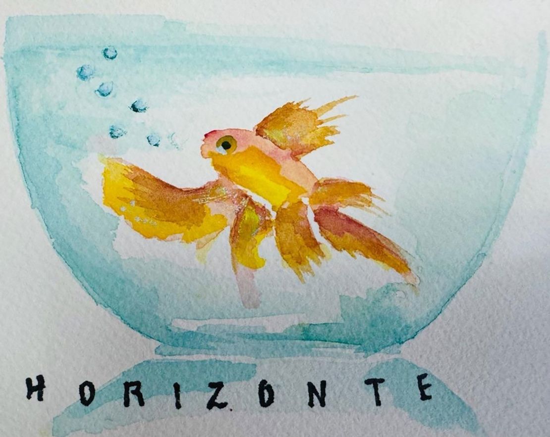 One of Magalli Meda's latest paintings depicts a small fish in a bowl looking upward, with the word “horizon” written underneath.