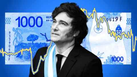 Montage image of Javier Milei, a chart line and a 1,000 peso note