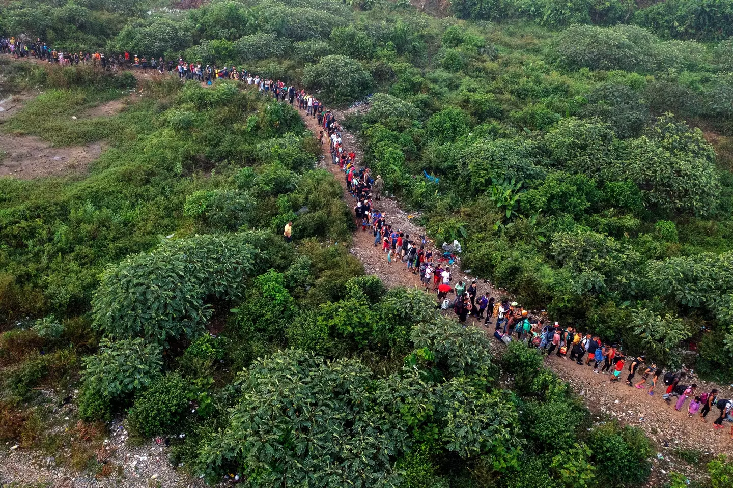  Aerial view of Migrants walking by the jungle near Bajo Chiquito village, the first border control of the Darien Province in Panama(LUIS ACOSTA/AFP via Getty Images)