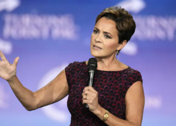 Kari Lake, Republican candidate for Senate in Arizona, speaks to supporters at a campaign event, Se...