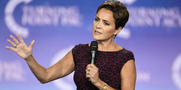 Kari Lake, Republican candidate for Senate in Arizona, speaks to supporters at a campaign event, Se...