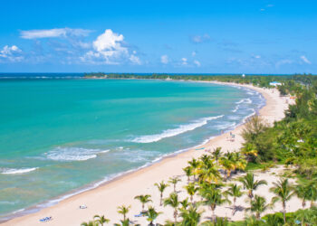 An aerial view of a beach in Puerto Rico, on the east end of San Juan.
