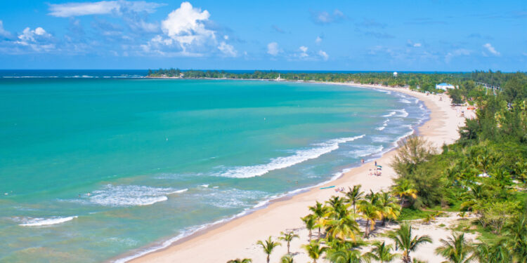 An aerial view of a beach in Puerto Rico, on the east end of San Juan.