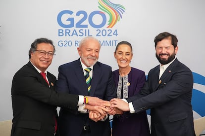 Gustavo Petro, Luiz Inácio Lula da Silva, Claudia Sheinbaum and Gabriel Boric on November 18 in Rio de Janeiro, Brazil.