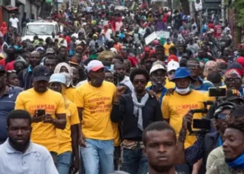 EPA Protesters participate in a large anti-government protest in Port-au-Prince, Haiti, 07 February 2024.