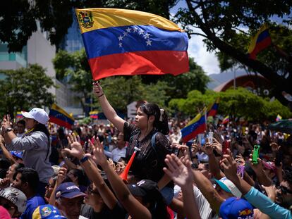 Supporters of María Corina Machado, Venezuela's opposition leader, during a protest in Caracas, Venezuela, on Saturday, August 3, 2024. 