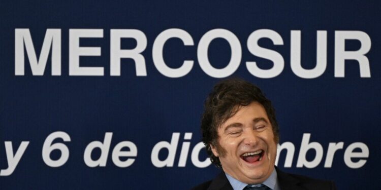 Argentina's President Javier Milei laughs during the LXV Mercosur Summit in Montevideo on December 6, 2024.