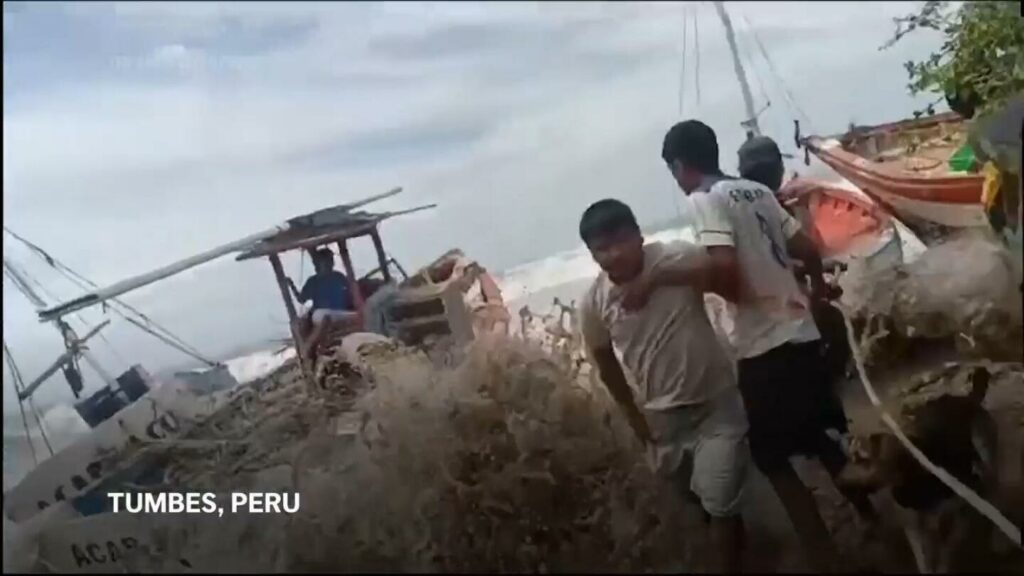 Peru's Navy rescues dozens of fishermen stranded at sea as giant waves pound shore