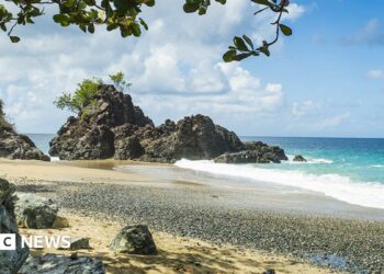 A general view of Turtle Beach, Tobago (also known as Courland Bay) showing sand, rocks, blue sea and sky