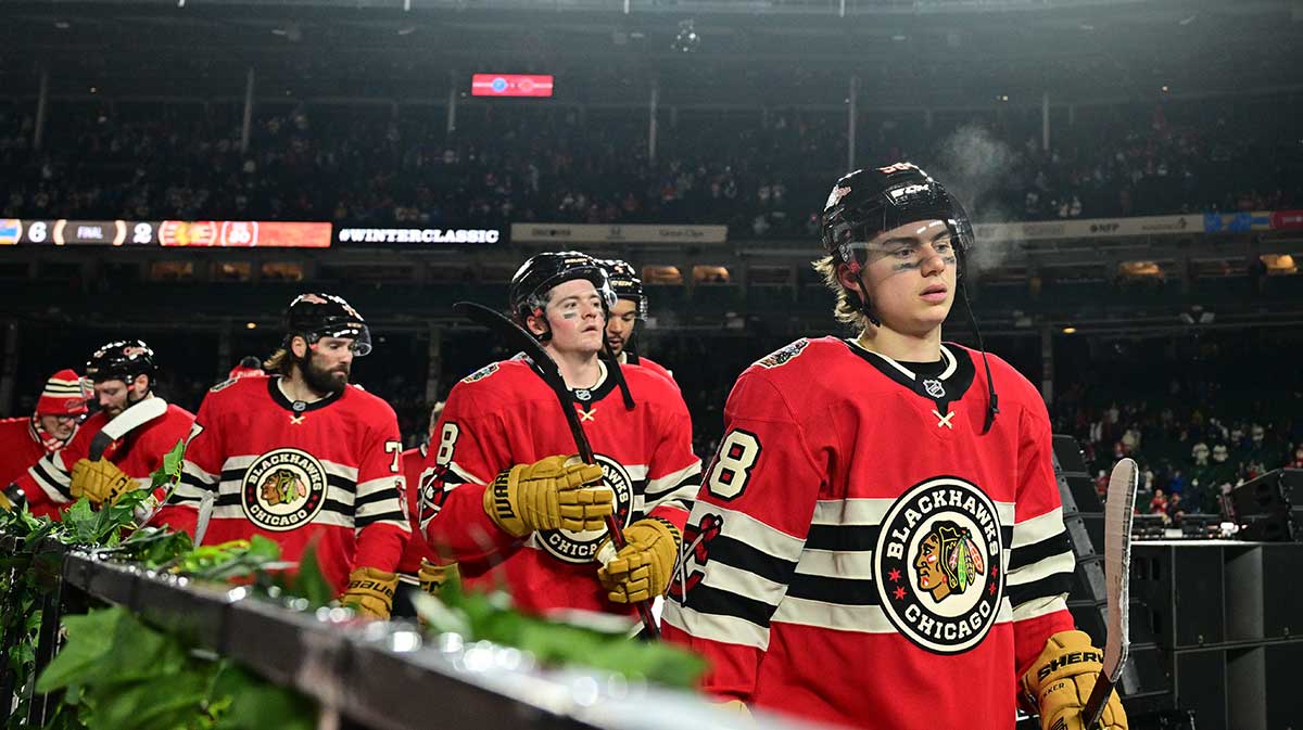 Chicago Blackhawks center Connor Bedard (98) leaves the rink after the Winter Classic against the St. Louis Blues at Wrigley Field.