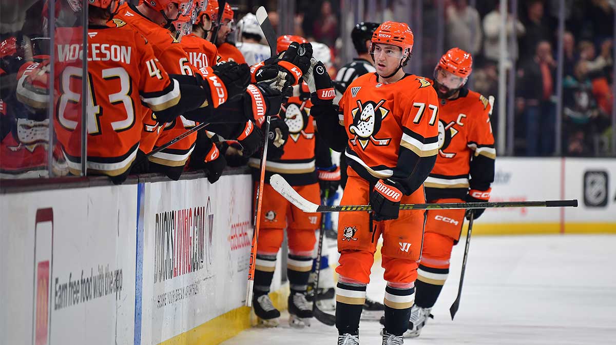 Anaheim Ducks right wing Frank Vatrano (77) celebrates his empty net goal scored against the Tampa Bay Lightning during the third period at Honda Center.