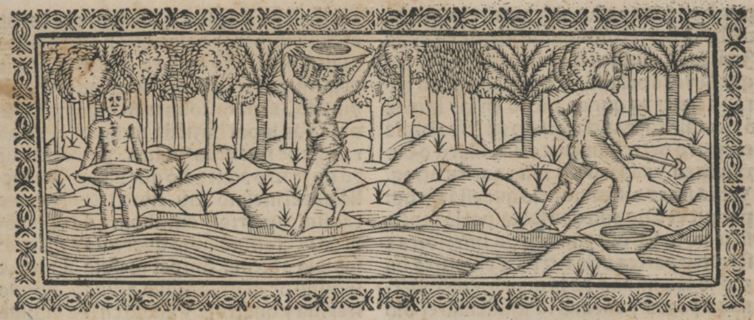 An illustration of three naked humans at a river in a forest, two holding pans and one a pick axe.