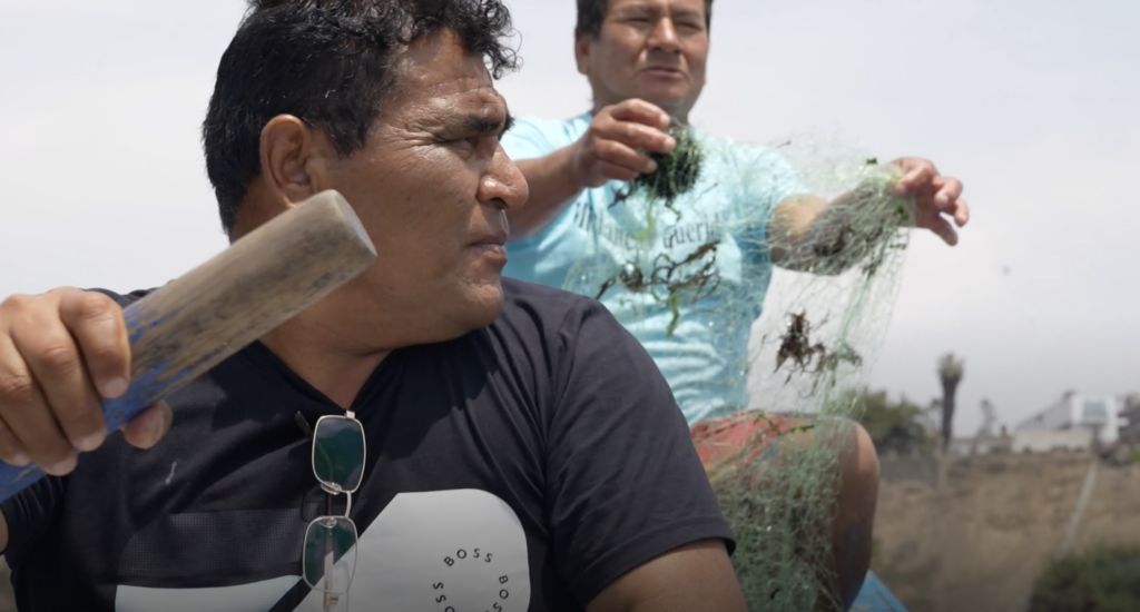 A man holds a boat oar while another pulls up a green fishing net.