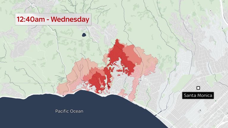 Spread of LA fires - Wednesday 12.40am