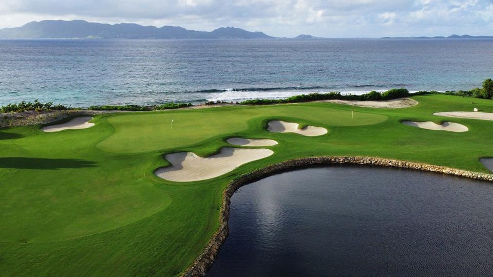 The seaside double green for Nos. 2 and 10 at Aurora Anguilla in the Caribbean