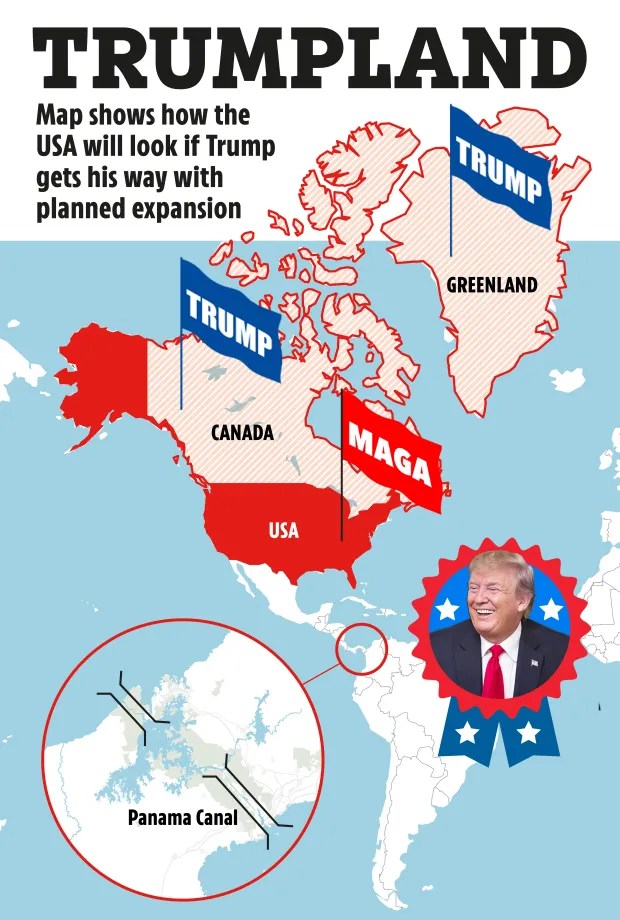 Illustration of a map showing a hypothetical expansion of the USA under Trump, including Canada and Greenland.