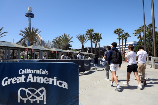 Guests enter the California's Great America amusement park on Sunday, May 23, 2021, in Santa Clara, Calif. (Photo by Aric Crabb, Bay Area News Group)