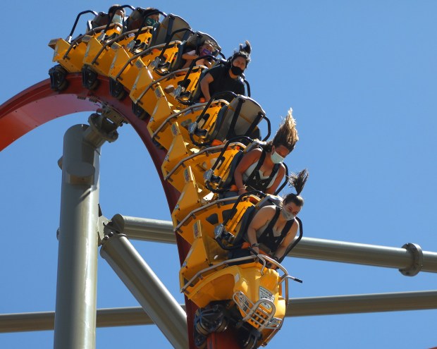 Guests ride the Rail Blazer roller coaster at California's Great America amusement park in 2021, in Santa Clara, Calif. (Aric Crabb/Bay Area News Group)