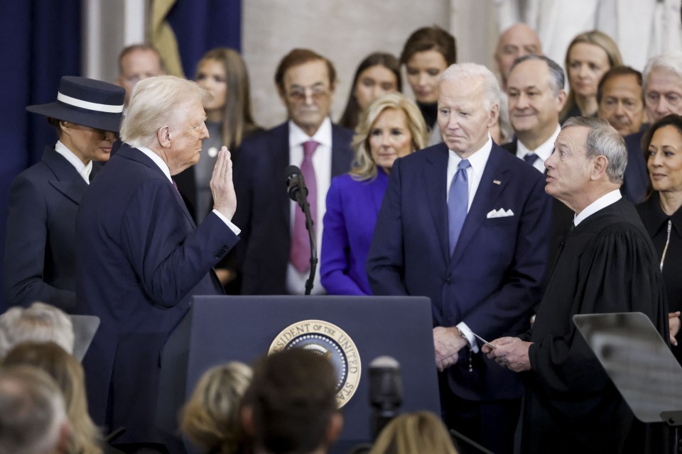 Mandatory Credit: Photo by Pool/ABACA/REX/Shutterstock (15110225af) US Supreme Court Chief Justice John Roberts (2-R) administers the presidential oath to Donald Trump (2-L) as First Lady Melanie Trump (L), former US President Joe Biden (3-R) and former US Vice President Kamala Harris (R) look on in the rotunda of the United States Capitol in Washington, DC, USA, 20 January 2025. Trump, who defeated Kamala Harris, is being sworn in today as the 47th president of the United States, though the planned outdoor ceremonies and events have been cancelled due to a forecast of extreme cold temperatures. President Trump And VP JD Vance At Presidential Inauguration - USA, Washington, United States - 20 Jan 2025