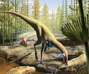 An artist's rendering shows how Ahvaytum bahndooiveche may have appeared in a habitat dating to around 230 million years ago. Credit: Gabriel Ugueto