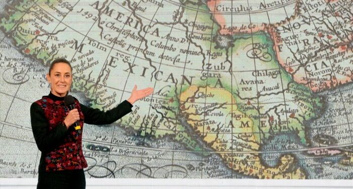 Mexico’s President Claudia Sheinbaum speaks during her daily conference at the National Palace in Mexico City on Wednesday