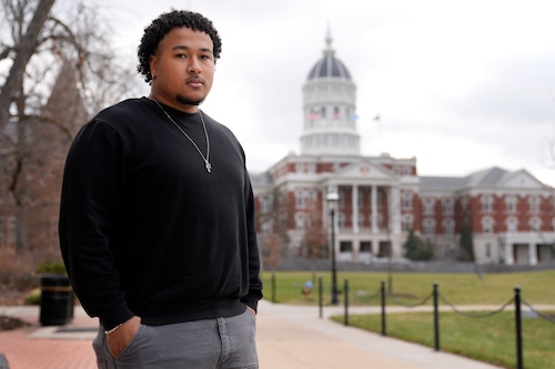 Student Kenny Douglas poses for a photo at the University of Missouri where he is a a history and Black studies major, Wednesday, Dec. 18, 2024, in Columbia, Mo. (AP Photo/Jeff Roberson)