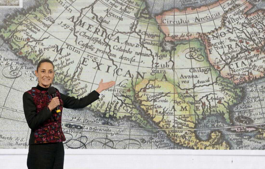 Mexico's President Claudia Sheinbaum speaks in front of a map during a January briefing.