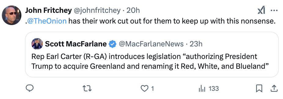 A tweet by John Fritchey humorously comments on a tweet about Rep. Earl Carter's legislation to rename Greenland to 