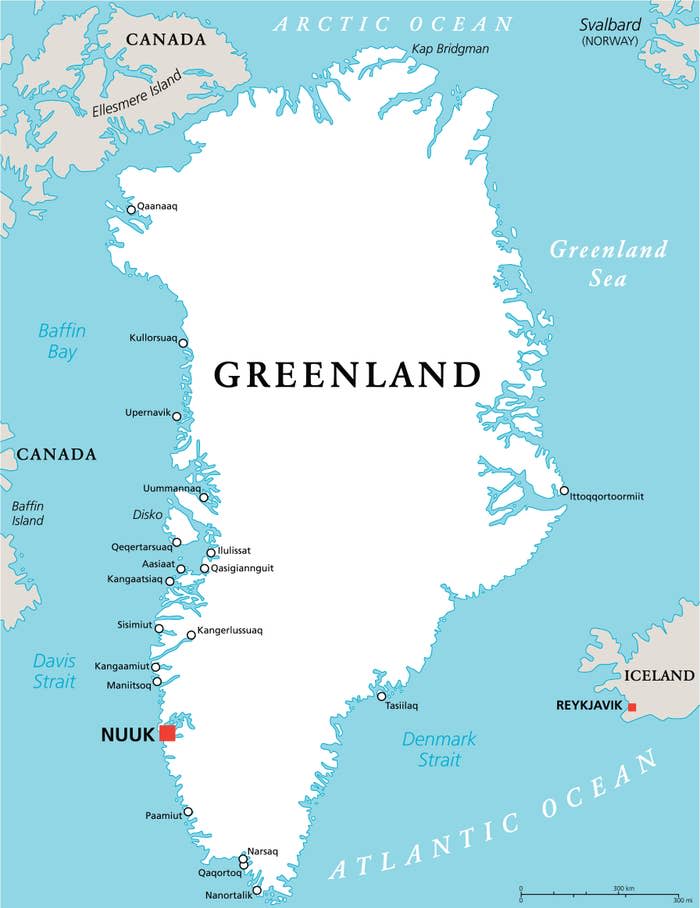 Map of Greenland showing major cities, surrounding seas, and nearby countries like Canada and Iceland