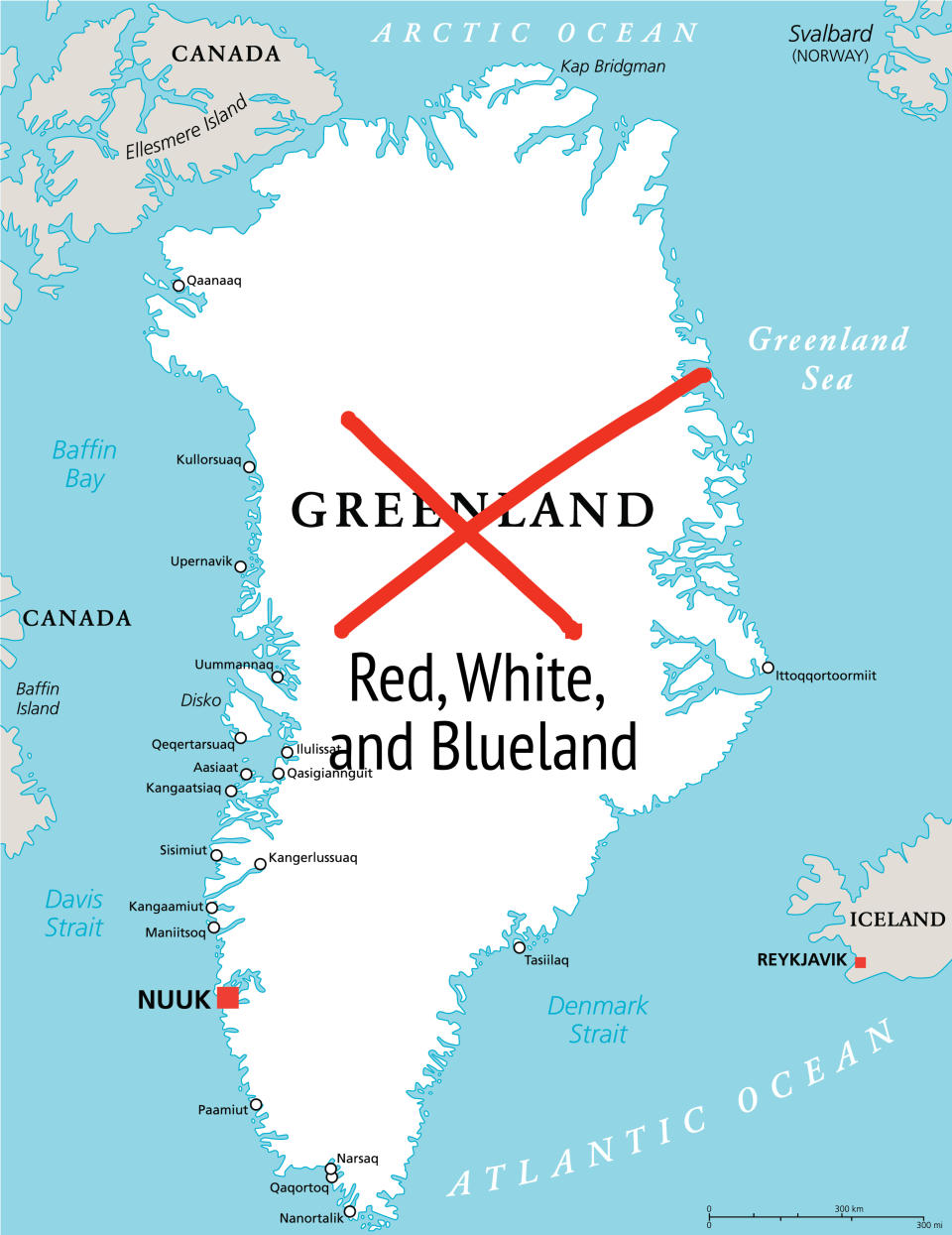 Map of Greenland showing major cities, waterways, and neighboring countries like Canada and Iceland