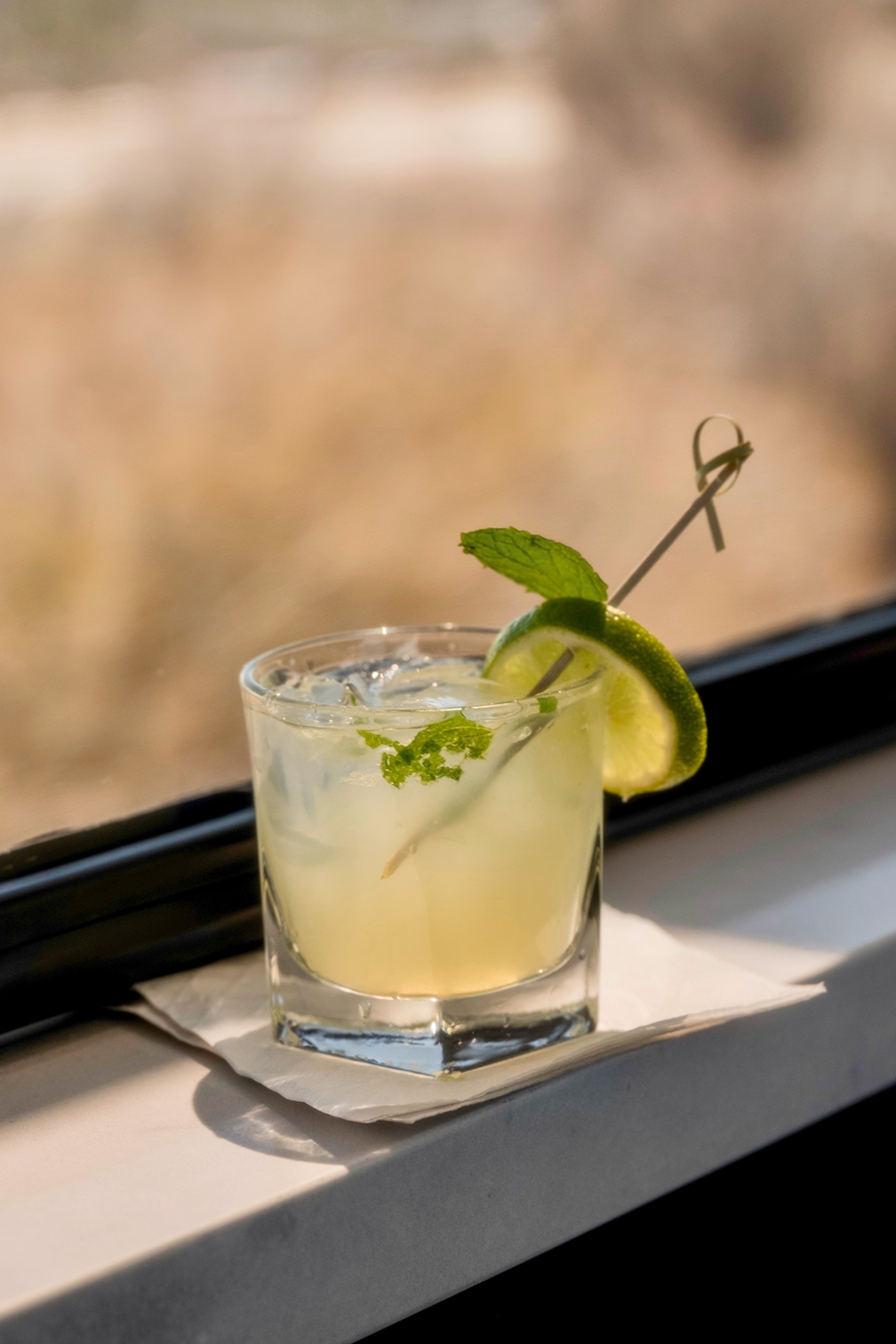 A cloudy, zesty cocktail in a short glass and a mint and lime skewer by a train window.