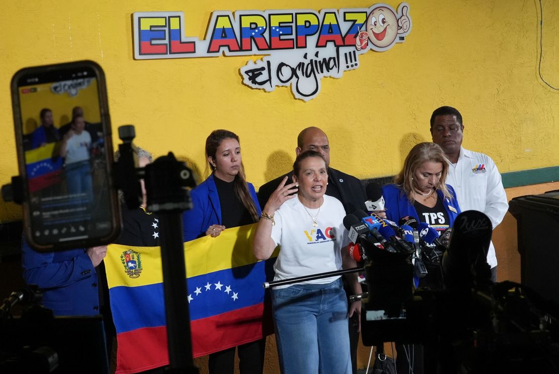 Adelys Ferro, executive director of grassroots organization the Venezuelan American Caucus, speaks during a press conference at El Arepazo restaurant in Doral, Florida, on February 3. Ferro and other community leaders denounced the Trump administration's decision to end the protections that had shielded hundreds of thousands of Venezuelans from deportation.