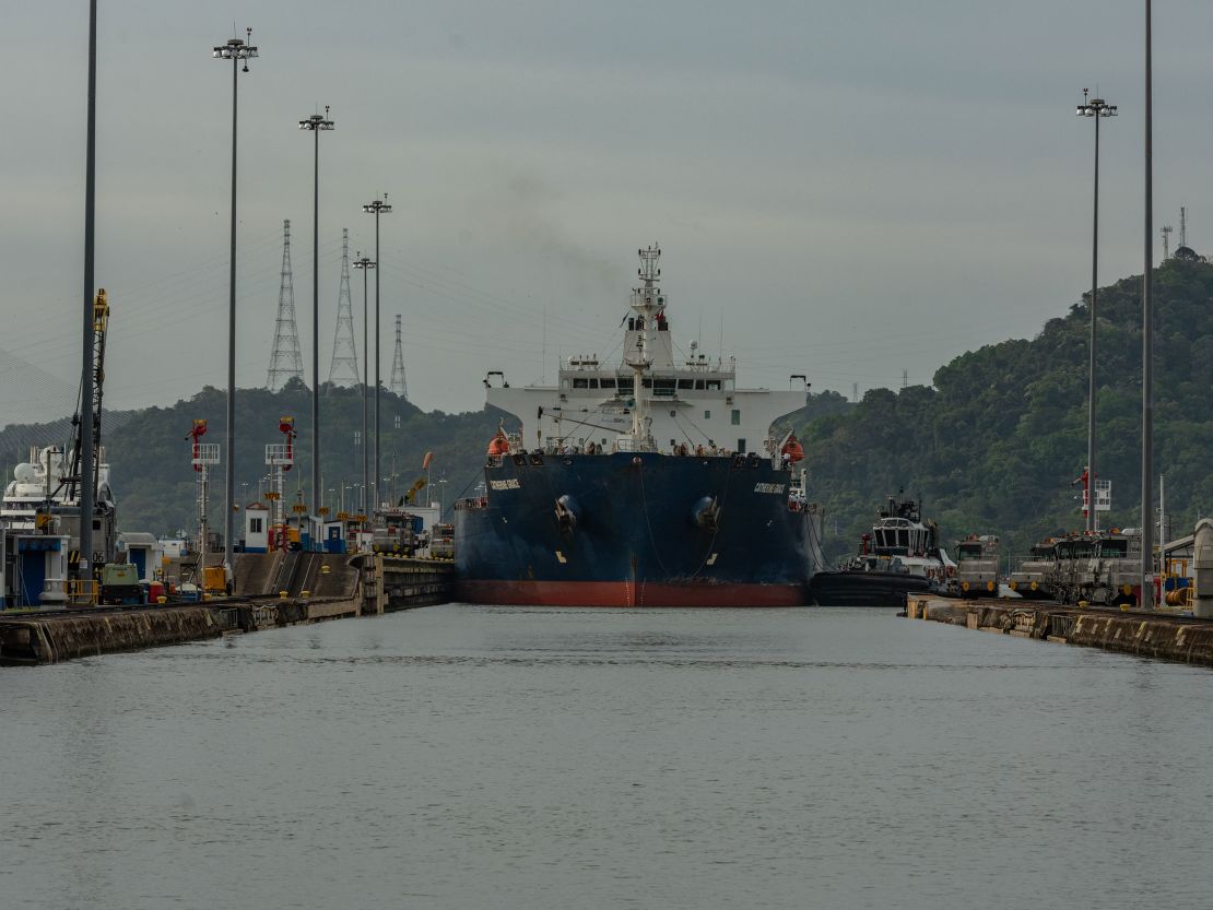 A cargo ship traverses the Miraflores Locks, the last part of the Panama Canal before vessels reach the Pacific Ocean, in Panama City, on January 8, 2025.